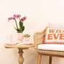 Roze orchidee en succulent op wit dienblad